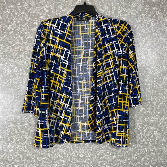 Kasper Blue & Yellow Plaid Lightweight Shrug Blazer - Size Small - 3/4 Sleeve - Picture 1 of 6